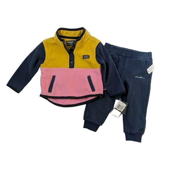 New Eddie Bauer Infant Girls Yellow Pink Fleece 2pc LS Pant Set sz 12 Months - Picture 1 of 4